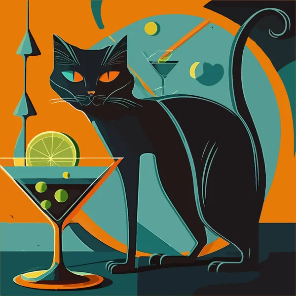 stock vector A black cat sits next to a glass of wine on a colored background. For your sticker or logo design.