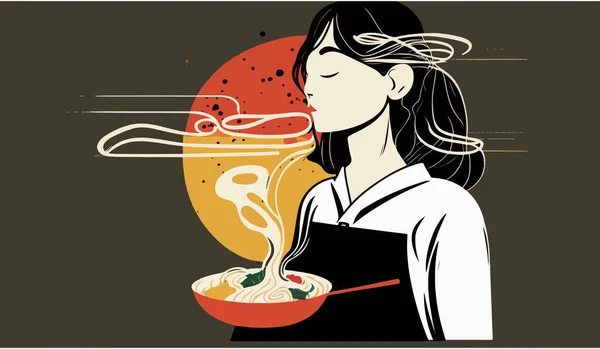 Asiatisches Kochmädchen Schürze Mit Einem Teller Nudeln Auf Dunklem Hintergrund — Stockvektor