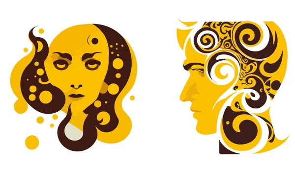 Kreative Gesichter Mit Ornamenten Statt Haaren Auf Weißem Hintergrund Für — Stockvektor