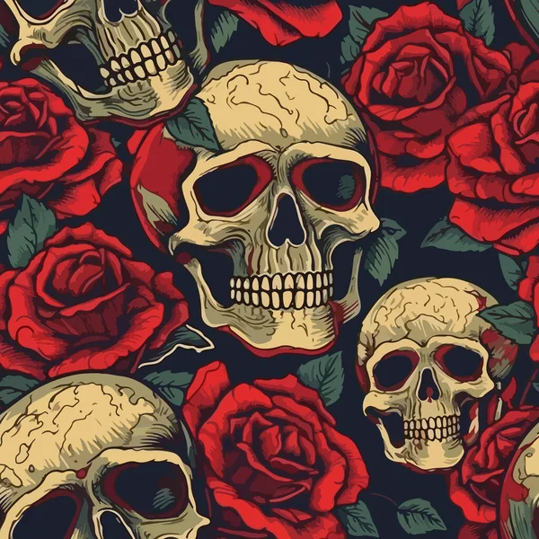 Crânes Sur Fond Belles Roses Rouges Pour Votre Autocollant Tatouage — Image vectorielle
