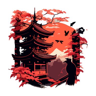 Asyalı bir pagoda 'nın kırmızı-siyah çizimi ve günbatımı arka planında bir karga. Tasarımın için..