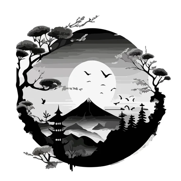 Sticker Rond Paysage Oriental Avec Une Montagne Une Pagode Sur — Image vectorielle