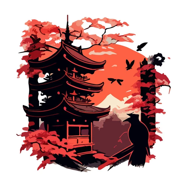 Dibujo Rojo Negro Una Pagoda Asiática Cuervo Sobre Fondo Atardecer — Vector de stock