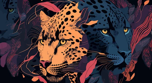 Karanlıkta Ormandaki Güzel Leoparların Düz Bir Çizimi Tasarımın Için — Stok Vektör