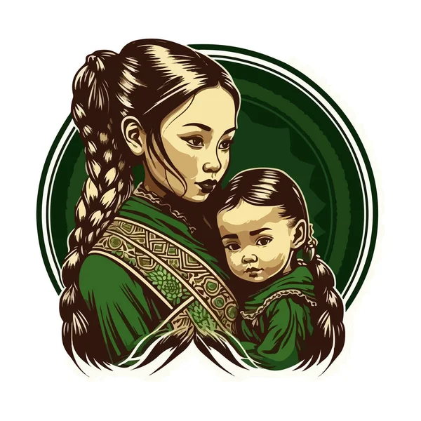 Kazakh Girl Hugging Child Drawing White Background Your Design — Stock Vector