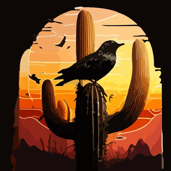 Een Zwarte Raaf Zittend Een Cactus Bij Zonsondergang Voor Ontwerp — Stockvector