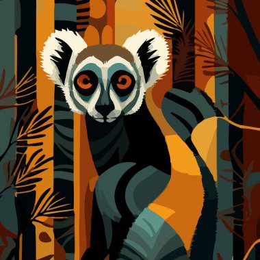 Cartoon drawing of funny lemur on jungle background. For your logo or sticker design. clipart