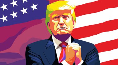 ABD bayrağının arka planında Trump resmi olan düz renkli poster.
