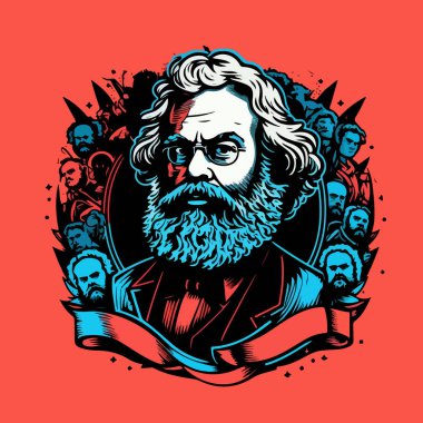 Diğer karakterler tarafından çerçevelenmiş Marx 'ın düz çizimi. Çıkartma tasarımın için..