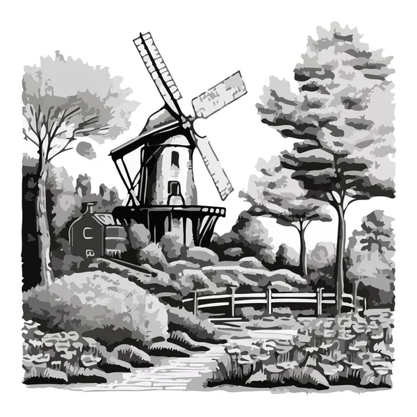 乡村风景的黑白图画 风车和白色背景的树为您的标志或贴纸设计 — 图库矢量图片