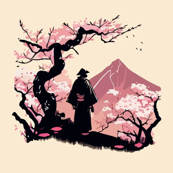 Японский Мужчина Стоит Рядом Цветущей Сакурой Фоне Горы Фудзи Цветном — стоковый вектор
