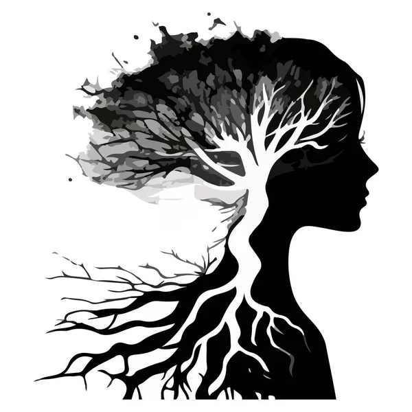 Ασπρόμαυρη Σιλουέτα Δέντρου Και Κορίτσι Στο Φόντο Για Λογότυπο Σχέδιο — Διανυσματικό Αρχείο