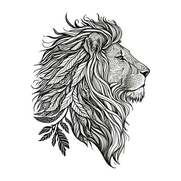 Siyah ve beyaz bir aslan profili, beyaz arka planda yapraklar ve süsler içinde yeleler. Tasarımın için..