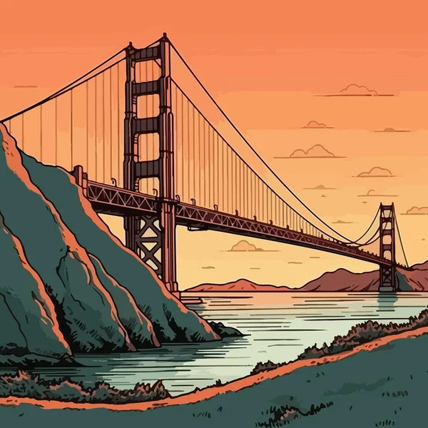 Ilustración Plana Multicolor Con Puente Golden Gate Atardecer Para Diseño — Vector de stock