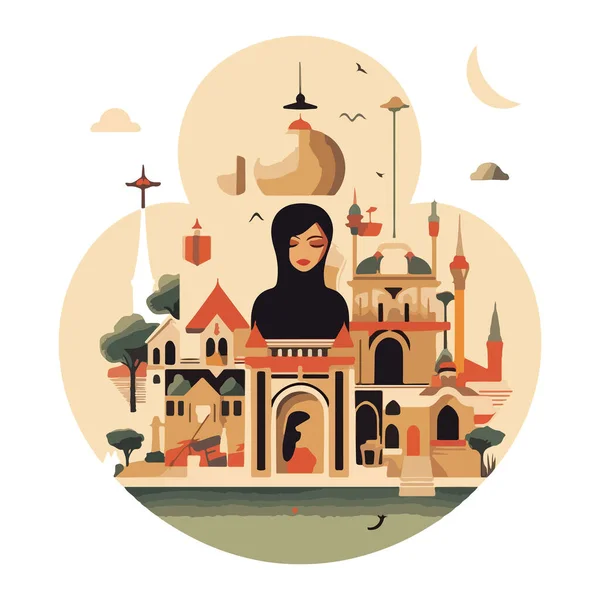 Minimalistyczny Rysunek Budynków Meczetów Orientalna Dziewczyna Tle Kopuł Minaretów Kolorowym — Wektor stockowy