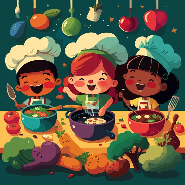 Zeichentrickfiguren Fröhliche Kochmädchen Bereiten Essen Für Ihr Design — Stockvektor