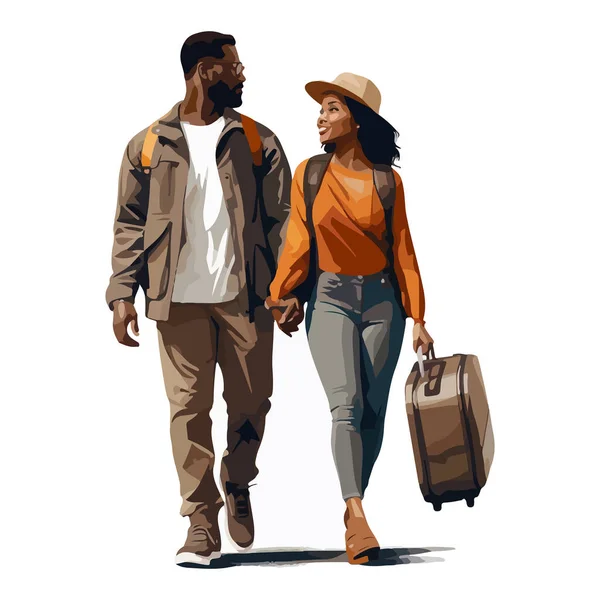 带着购物袋和白色背景的手提箱走路的非洲裔美国人夫妇 为了你的设计 — 图库矢量图片