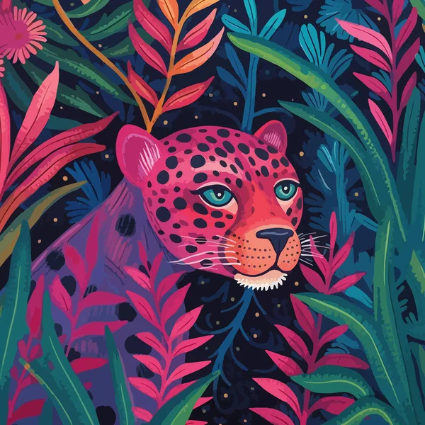 Dessin Animé Jaguar Dans Herbe Colorée Sur Fond Sombre Pour — Image vectorielle