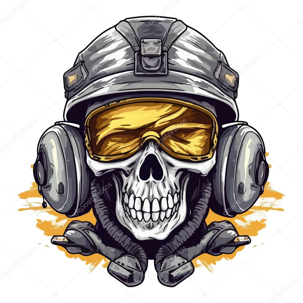 Sinister skull in a cap and headphones on a white background. For your tattoo or sticker design.