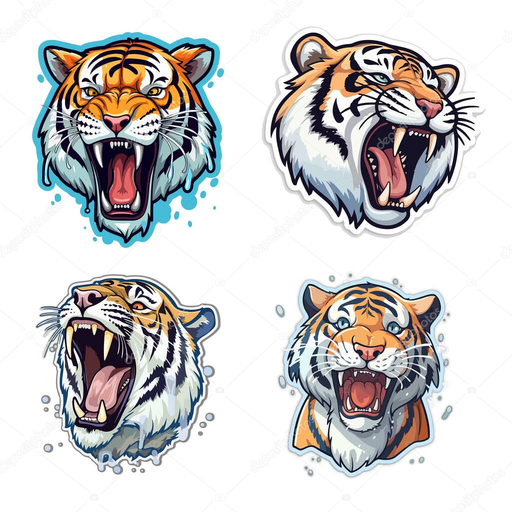 Several stickers of tiger heads on a white background. For your design.