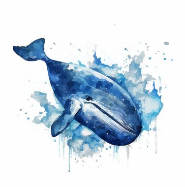 Mavi ispermeçet balinası renkli dalgaların arka planında. Tasarımınız için suluboya