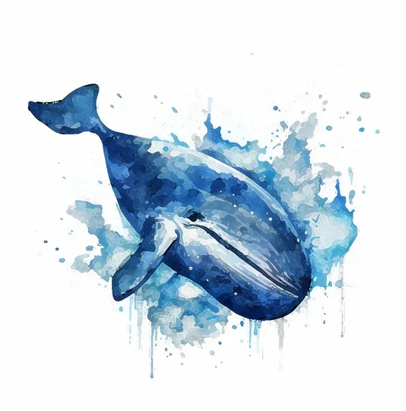Blue sperm whale against the background of colored waves. Watercolor for your design