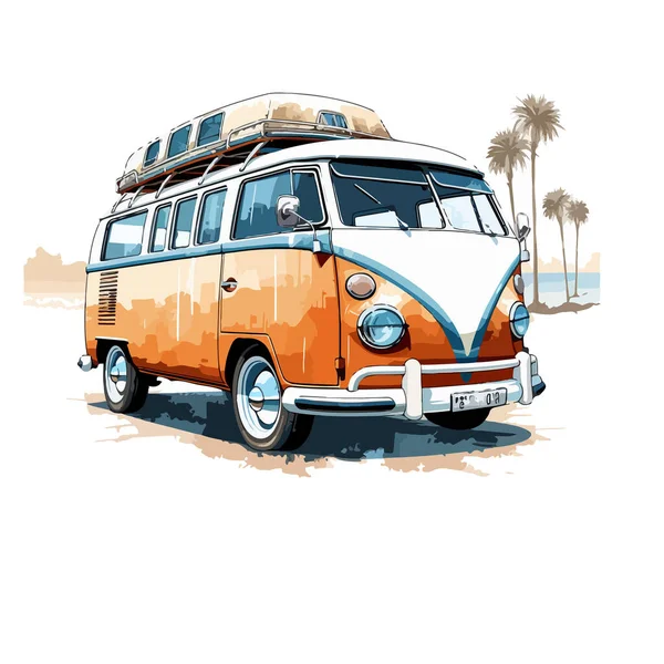 Kresba Retro Minibusu Pozadí Palem Pro Váš Design — Stockový vektor
