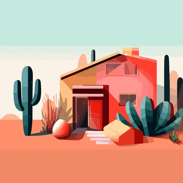 空に対するサボテンの間の家の風景のフラットイラスト — ストックベクタ