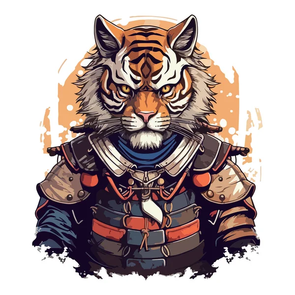 穿着武士服装穿着彩色背景衣服的可怕的老虎 为了你的设计 — 图库矢量图片