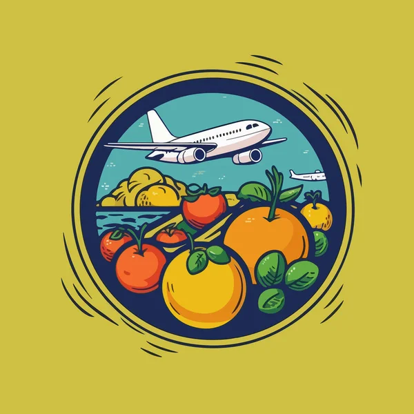 Logotipo Com Avião Branco Voando Sobre Frutas Legumes Fundo Branco — Vetor de Stock