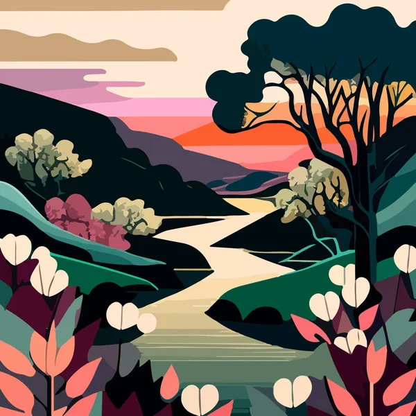 Evening landscape with a river flowing among the hills with trees and beautiful flowers against the sunset sky. For your design