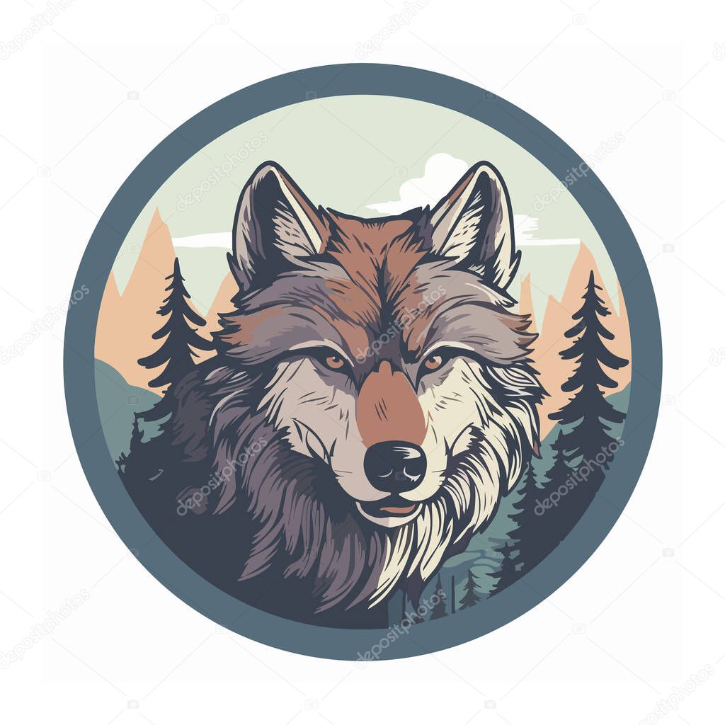 Drawing of a severe wolf on the background of the forest and light mountains. For your design