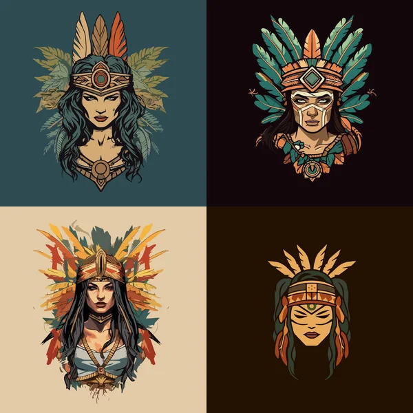 Rysunki Pięknych Kobiet Pióro Nakrycia Głowy Kolorowych Tłach Twój Projekt — Wektor stockowy