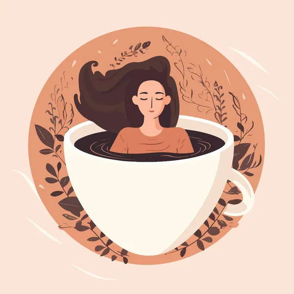 Renkli bir arka planda bir fincan kahvenin içinde rahatlayan bir kız resmi. Tasarımın için.