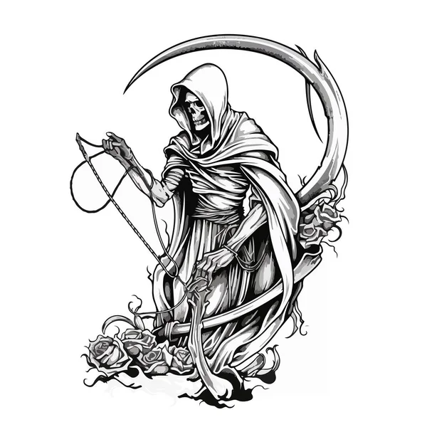 Черно Белый Рисунок Мрачного Жнеца Смерти Косой Вашего Дизайна Татуировки — стоковый вектор