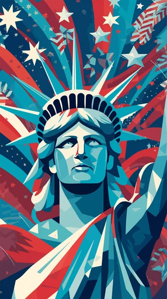 在7月4日美国独立日的国旗和烟火的背景下绘制自由女神像 为了你的设计 — 图库矢量图片