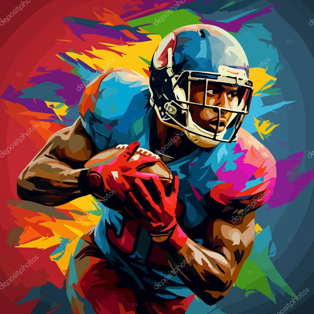 Drawing of an NFL player with a ball and a helmet on a colored background. For your design