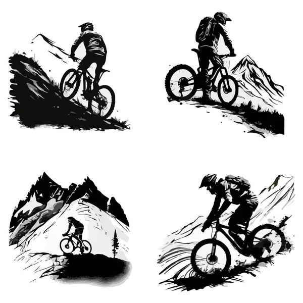 Desenho Preto Branco Desportistas Bicicletas Montanha Fundo Branco Para Seu — Vetor de Stock