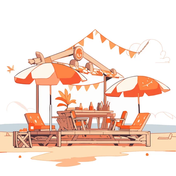 卡通画的夏季海滩风景 一张桌子下有饮料雨伞 — 图库矢量图片