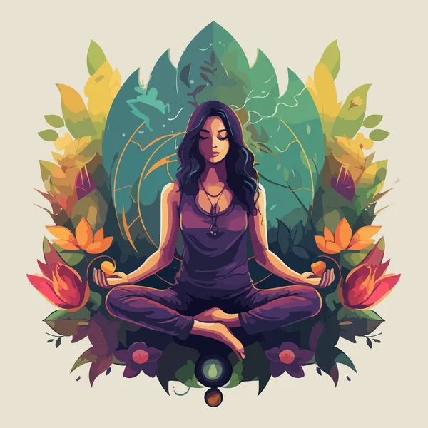 stock vector Beautiful girl in the lotus position on the background of flowers and leaves. For your design
