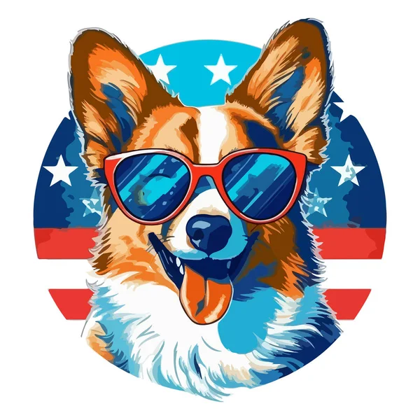 Cão Engraçado Bonito Óculos Sol Fundo Bandeira Dos Eua — Vetor de Stock