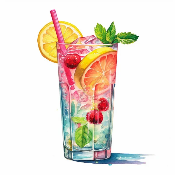 Watercolor drawing of a cocktail with orange, lemon and ice cubes