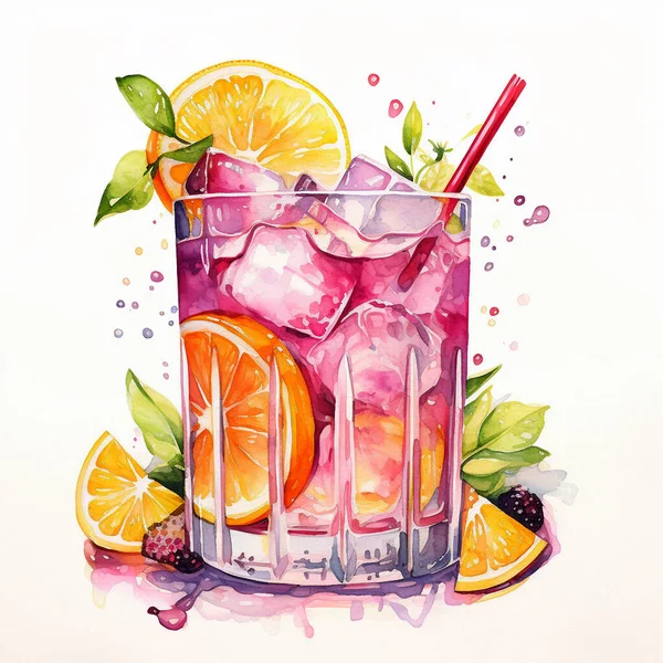 Watercolor drawing of a cocktail with lemon, orange, leaves and ice