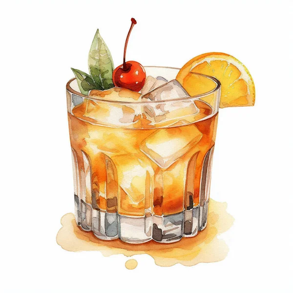 Watercolor drawing of a cocktail with a cherry, whiskey and a piece of ice