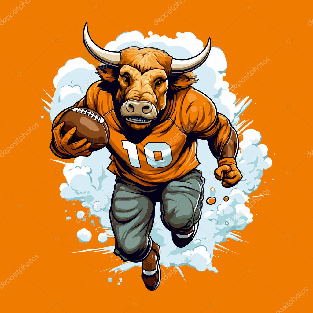 Cartoon drawing of a bull in an orange uniform, an american football player