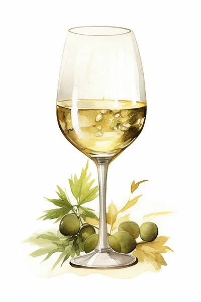 Drawing of a glass with white wine and olives with leaves. For your design