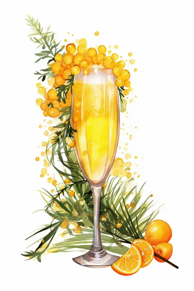 Drawing of a cocktail with orange juice, orange slices and olive branches. For your design