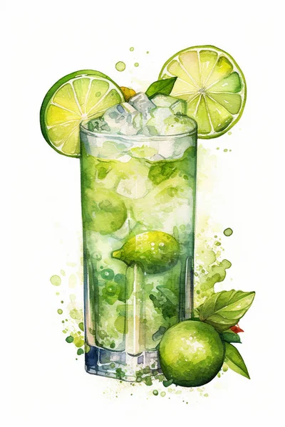 Drawing of a cocktail with lime, mint and ice in a glass. For your design