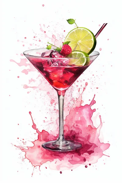 Watercolor drawing of a cocktail in a glass, lime and raspberries in splashes. For your design