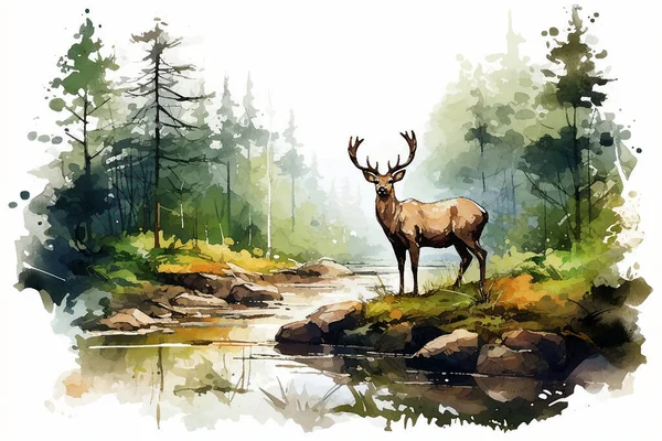 Watercolor drawing of the landscape, a beautiful deer on the background of the forest
